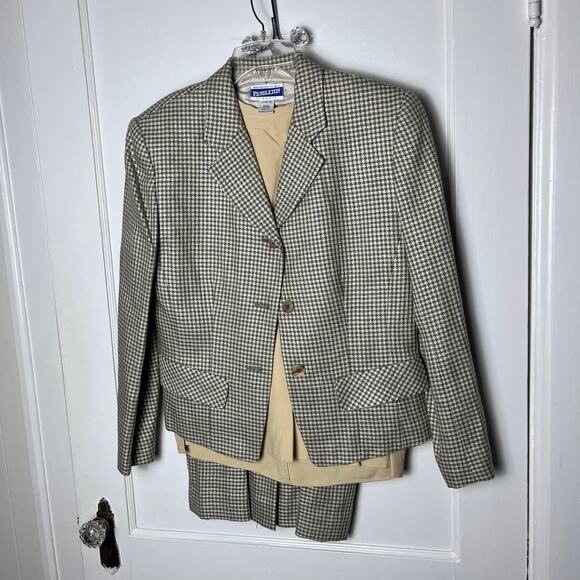 Vintage Pendleton 90s Brown Women's Houndstooth Wool Blend Suit Skirt Set SZ 8 - Picture 1 of 10